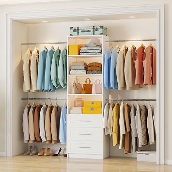 Closet System with Drawers, 4-9FT Closet Organizer System with 4 Expandable Hanging Rods & Adjustable Shelves for Walk in Closet, 96 Built in Closet System Tower, Small Closet Storage System, White
