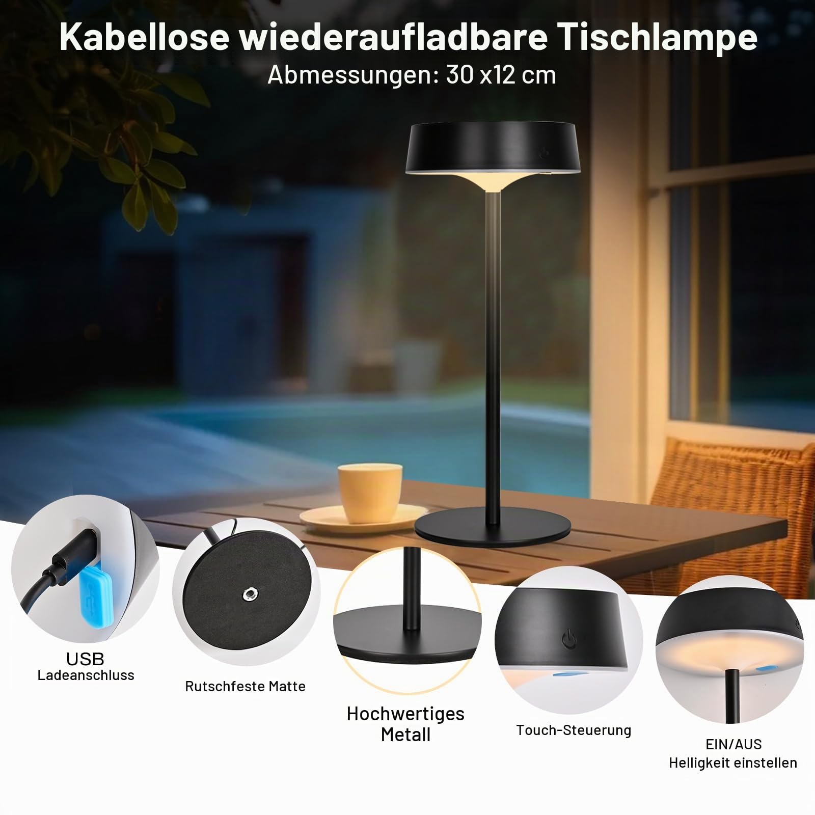 2er-Pack Solar Tischlampe Kabellos, 3CCT Dimmbar Akku Tischleuchte | Alinana IP67 LED Touch Lampe mit Solar- und Type-C Aufladung für Schlafzimmer und Garten