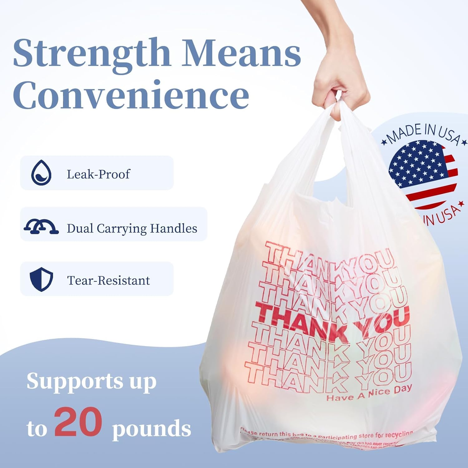 IUI 1000 Count Thank You T-Shirt Plastic Bags, White Grocery Bags with Handles, 11.5" x 6.5" x 21", Retail Shopping, Take Out & Small Business Bags in Bulk - Made in USA