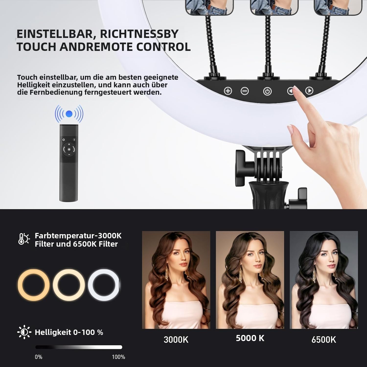 KOSCHEAL Luce ad anello da 18" con supporto, 3000 – 6500 K, luce LED regolabile con microfono e supporto per scheda audio, luce ad anello per parrucchiere/fotocamera professionale/TikTok/YouTube