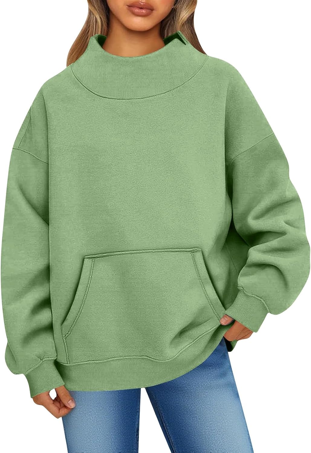 Women's Sweatshirts, Oversized Mock Neck Sweatshirt Long Sleeve Solid Casual Pullover with Pocket, S-2XL