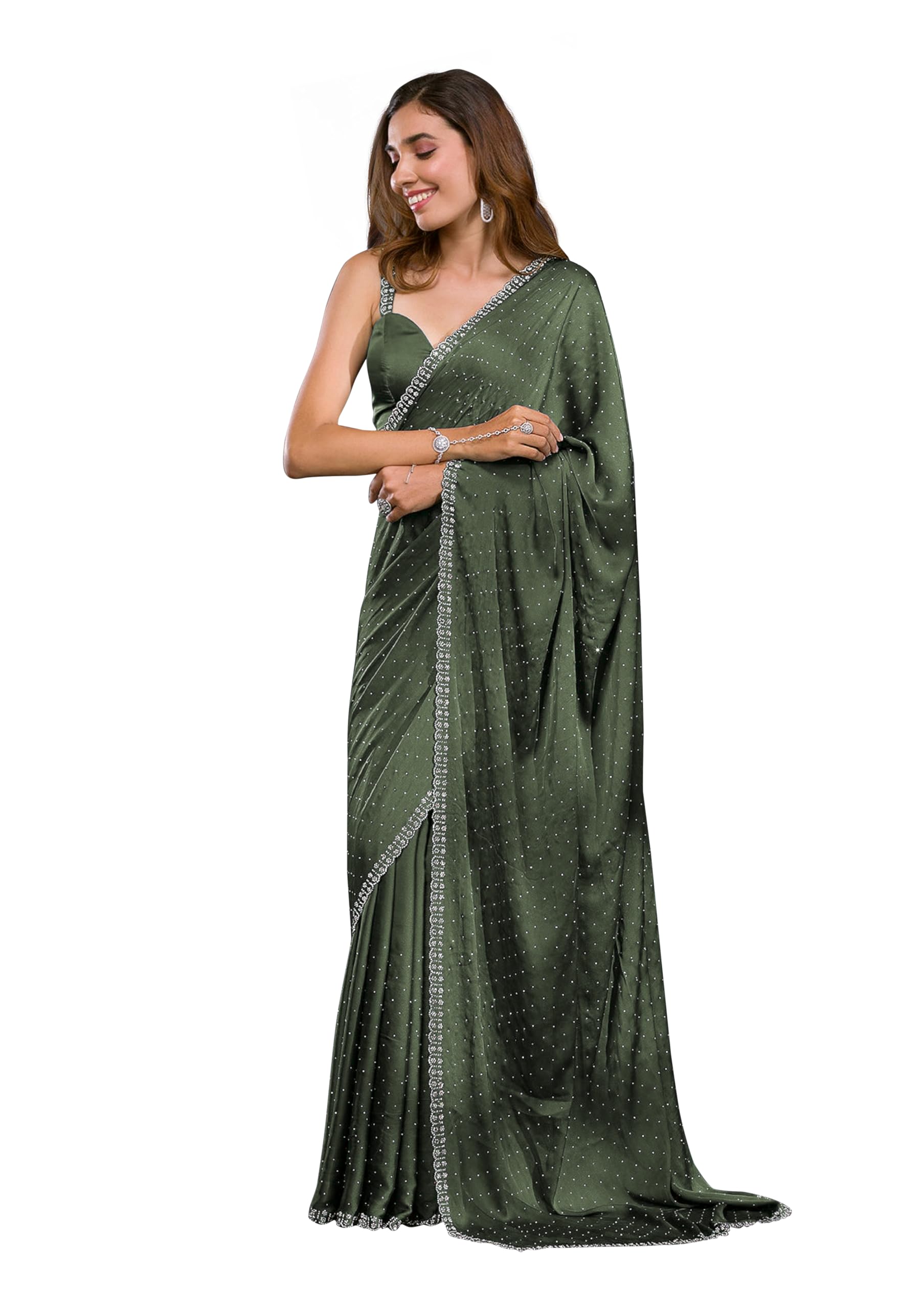 TRENDMALLS Damen Satin Georgette Zarkan Arbeit Saree mit Unstitch Bluse Stück