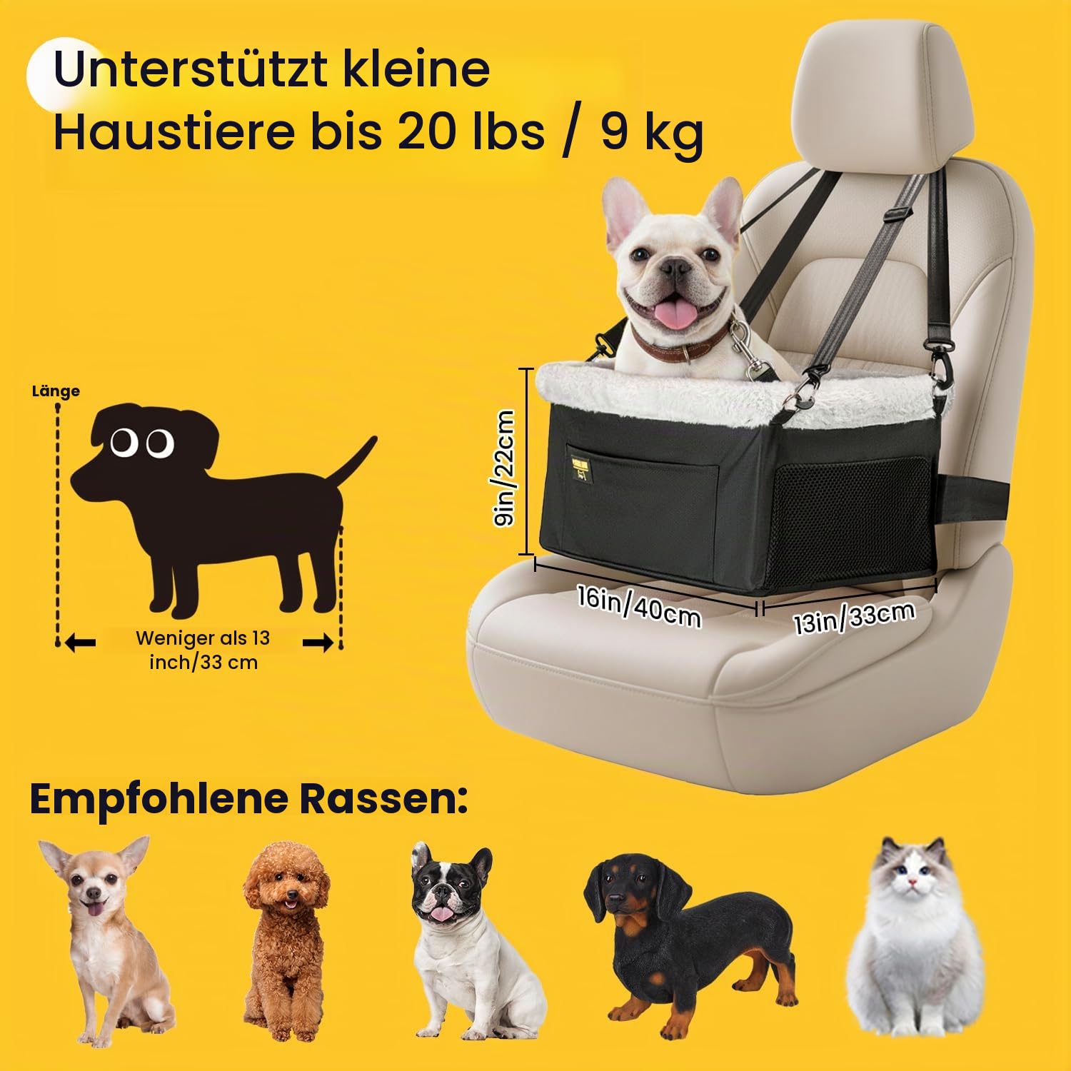Conlun Hunde Autositz für Kleine Hunde bis 9kg - Stabiler Hundesitz Auto mit Stahlrahmen & Fronttasche - Faltbarer Hundekorb Auto mit Sicherheitsleine & Waschbarer Einlage (40x33x22cm)