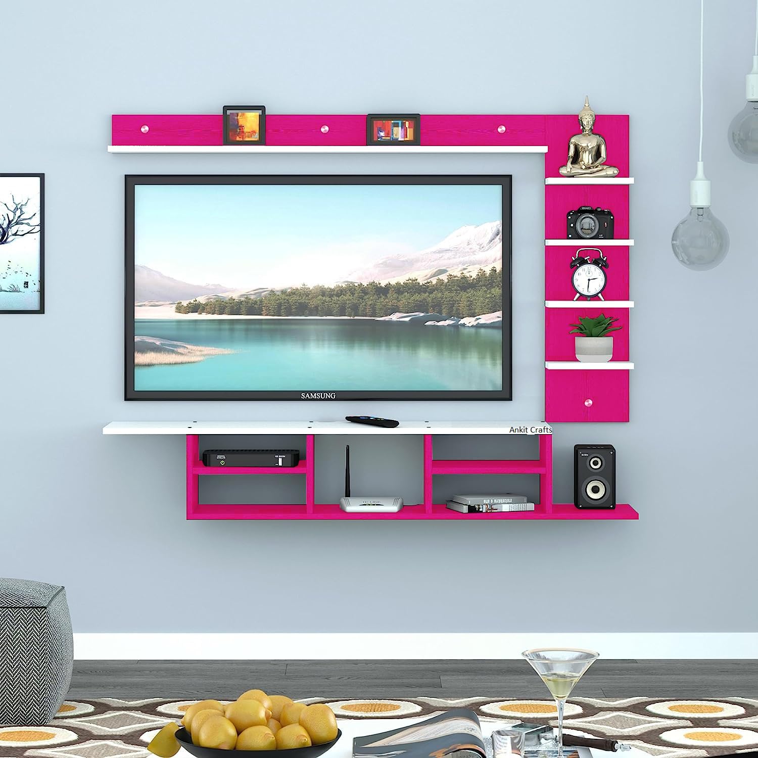 32 to 55 Inches TV Unit, TV Cabinet, TV Showcase, TV Stand, tv Entertainment Unit, tv Panel, tv Wall Unit, tv Cabinet for Living Room (Pink -White)-image-5