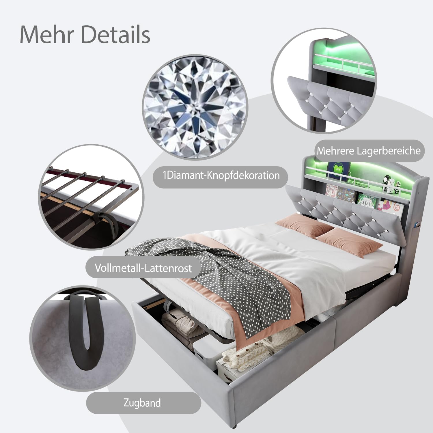 Close-up of the Merax bed's headboard showing diamond button decoration, multiple storage areas, full-metal slatted frame, and the pull strap for under-bed storage.