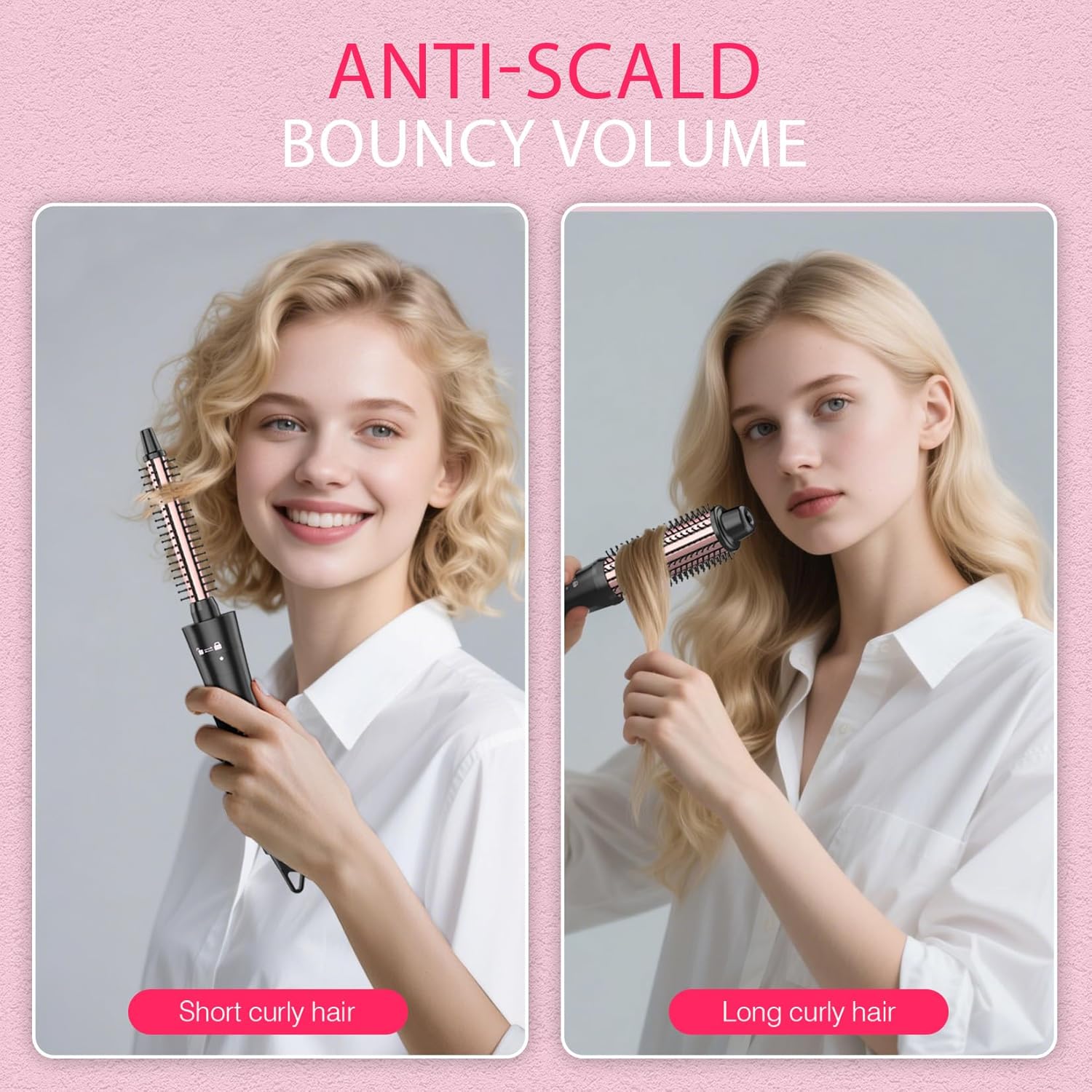 Curling Iron 3 in 1 Barrel Curling Brush Set Crimper and Waver, Heated Curler Hair Styler Tool for Thermal Brush (Rose Gold, Curling Wand(0.5-1 Inch))