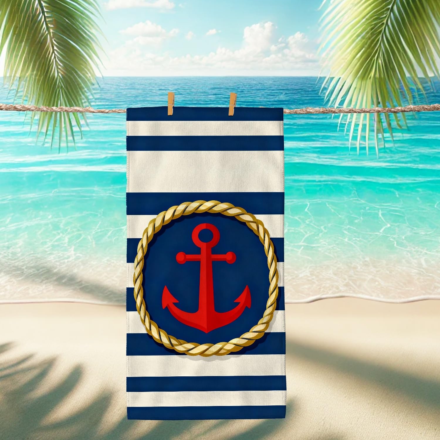 Nautical Striped Microfiber Beach Towel Navy Blue Anchors Design, Quick Dry Soft Sand Free Oversized Lightweight Beach Blanket, Vacation Pool Outdoor Travel Essentials 31x62 Inch