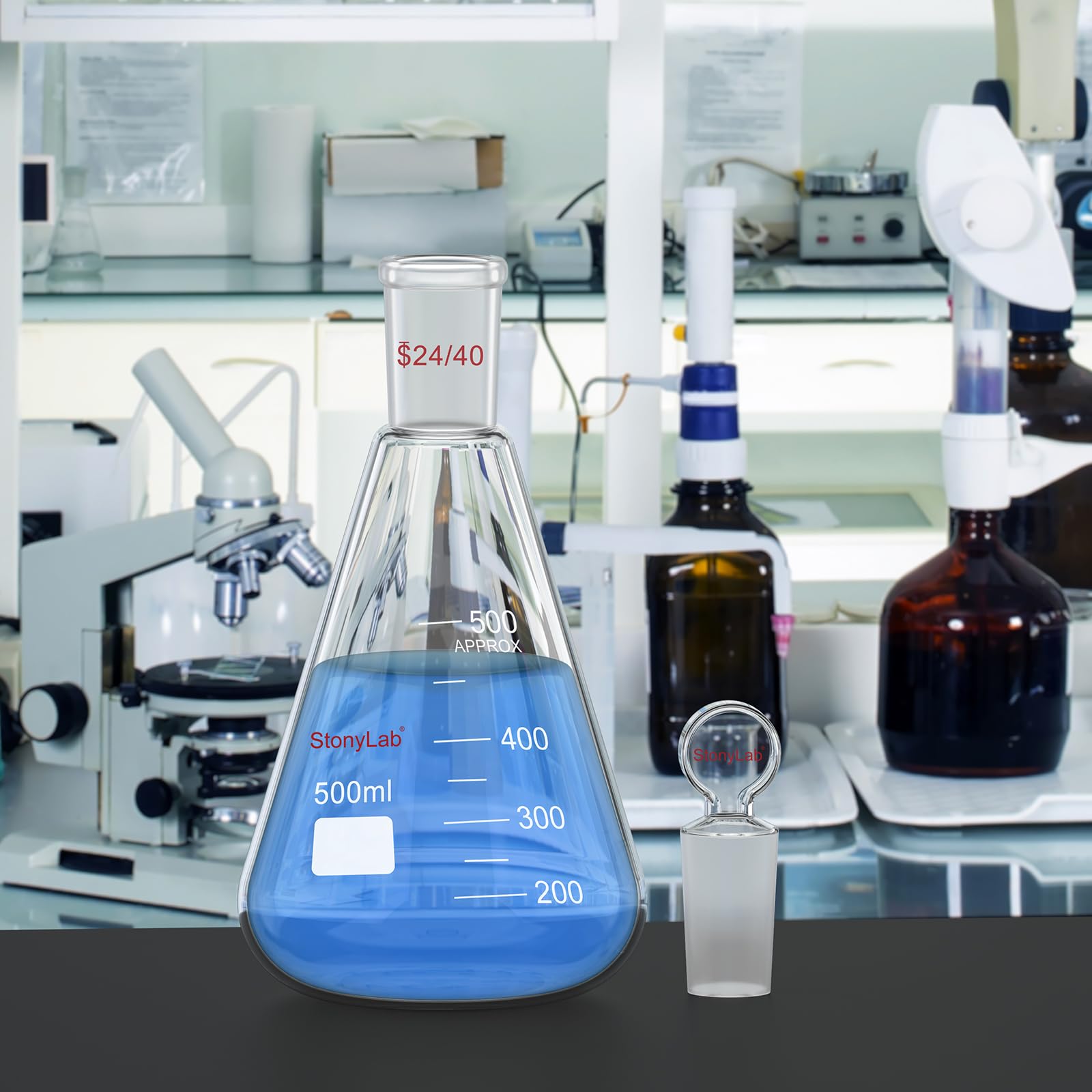 stonylab Matraz Erlenmeyer 24/40 de Vidrio con Tapón, 500 ml Frasco de Pared Gruesa de Vidrio Borosilicato con Junta Exterior Cónica Estándar 24/40 y Tapón de Vidrio
