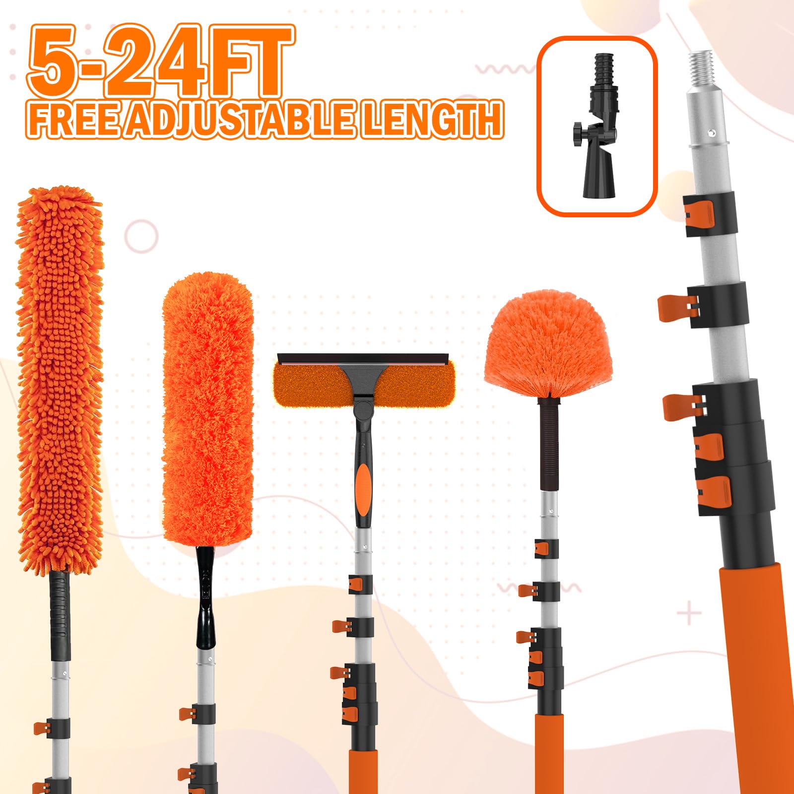 LAANPOLE Kit de Limpieza y Plumero de Gran Alcance 7,2m con Pértiga de Extensión, Herramienta para Limpiar Aspas de Ventilador de Techo, Kit de Limpieza de Cristales con Plumero