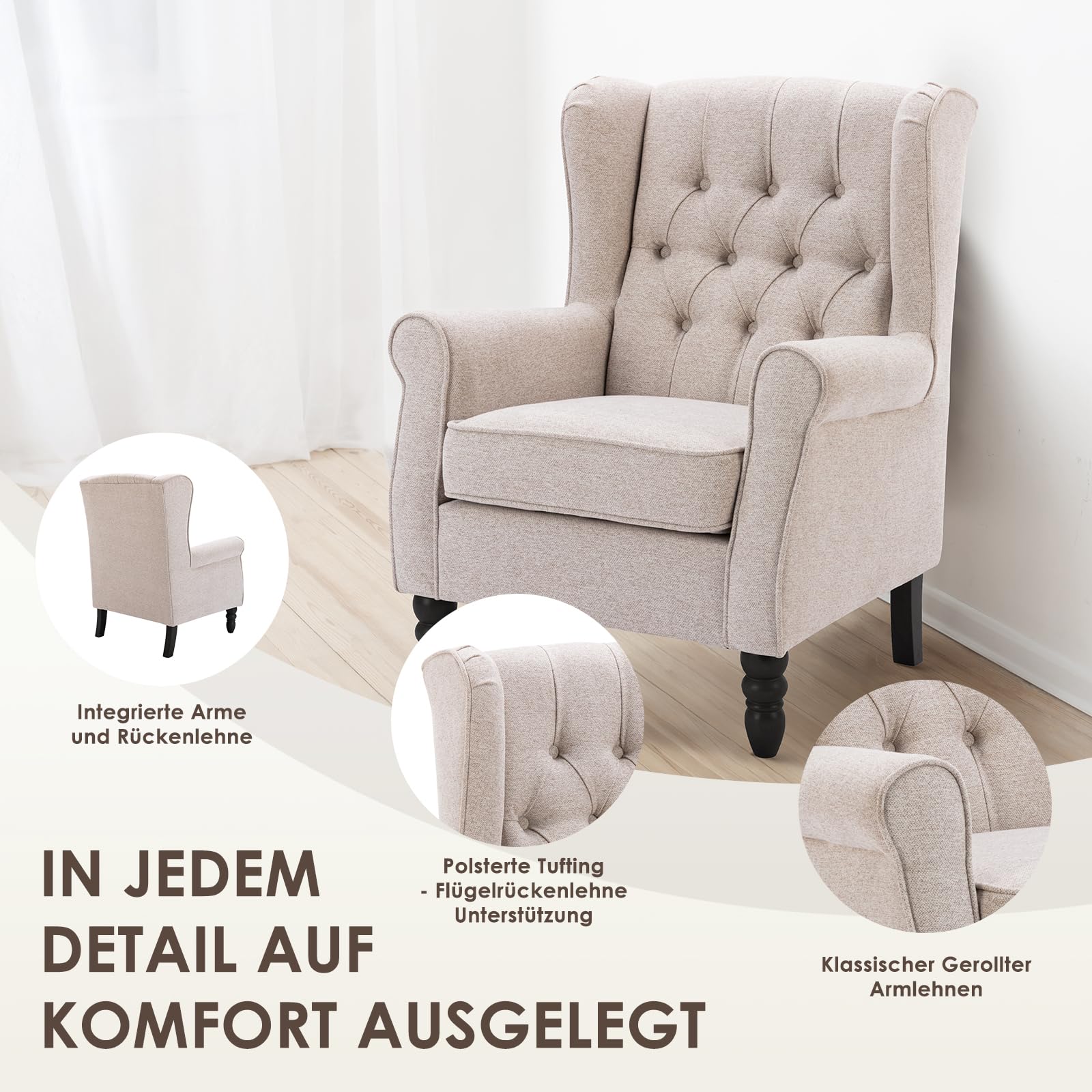 COLAMY Mid-Century Modern Sessel Wohnzimmer, Gepolsterter Wingback-Sessel mit Knopfsteppung, loungesessel Bezug aus Gewebe mit Massivholzbeinen für Wohnzimmer, Büro, Café - Beige