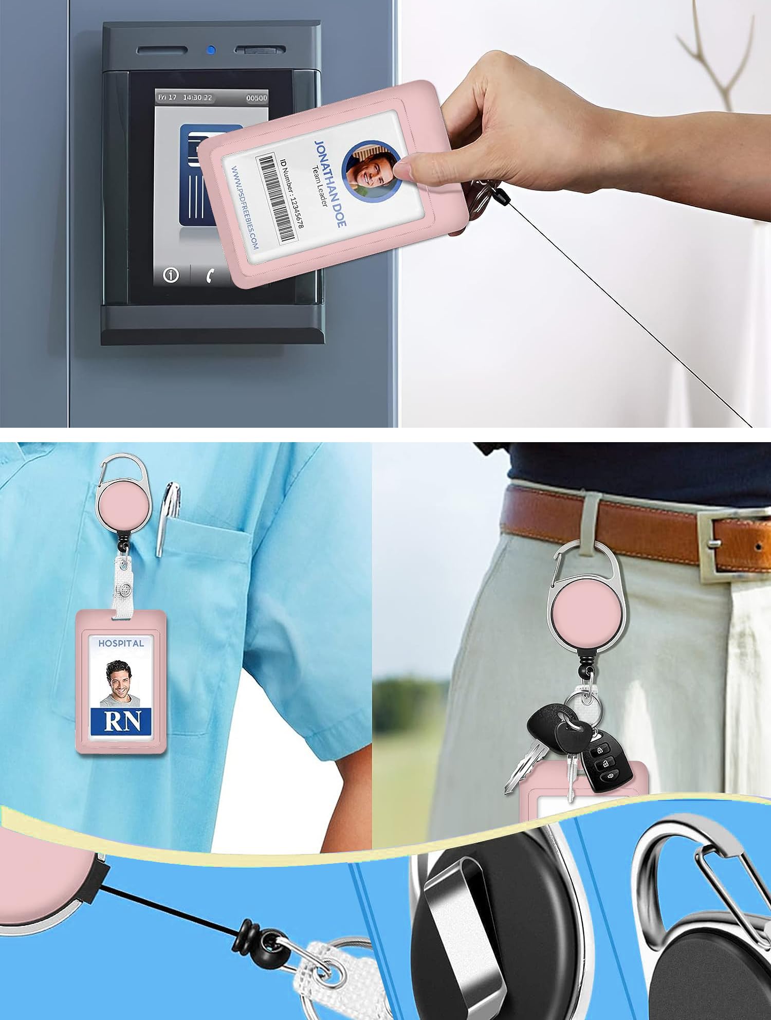bolimoss Pink Lanyard with Card Holder for Keys Sliding Badge Holder Plastic Case with Retractable Badge Reel Carabiner Clip and Detachable Neck Lanyards for Women Girl Student - Image 2
