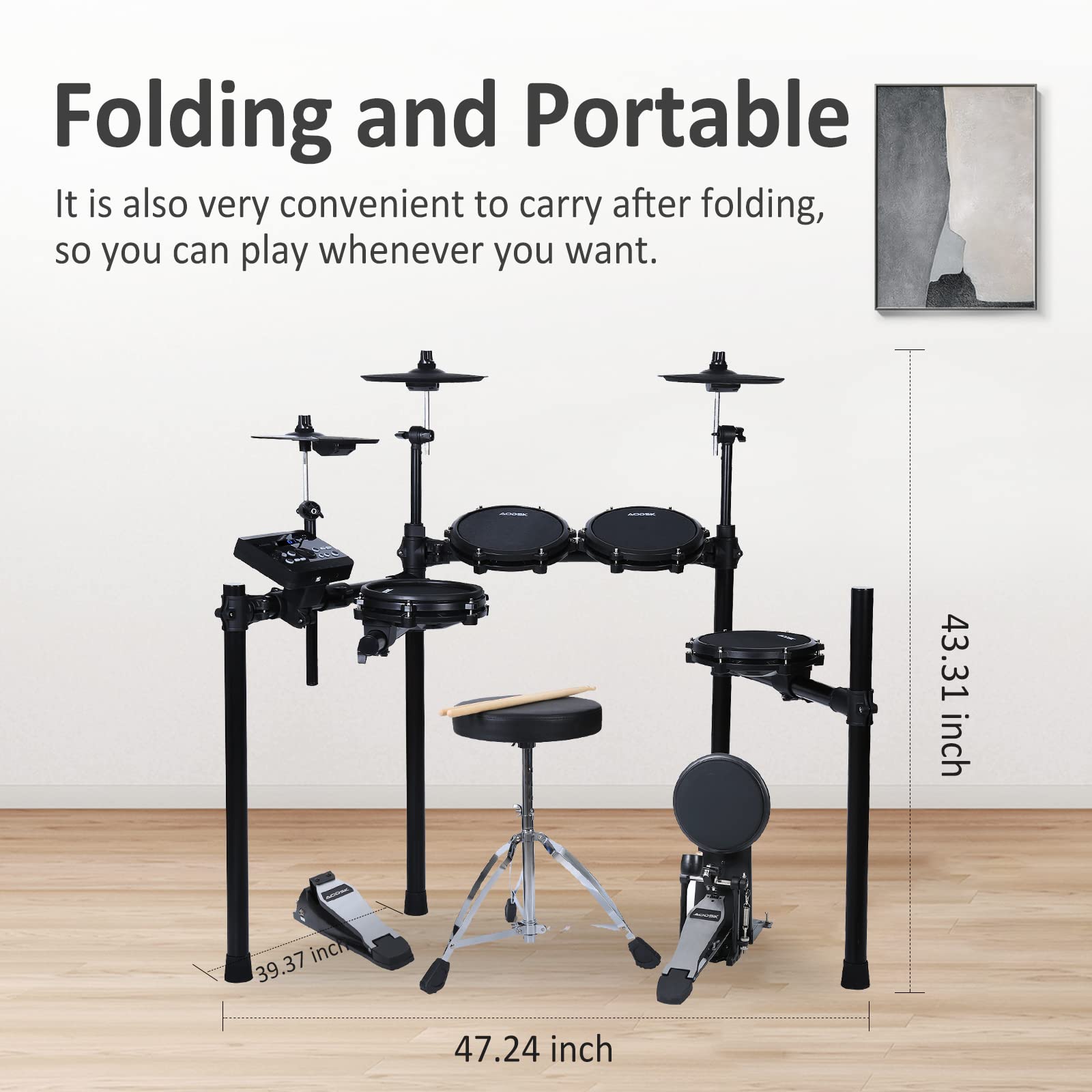 AODSK Electric Drum Set,Electric Drum Kit for Adults Beginner with 225 Sounds and 15 Drum Kits,USB MIDI,Silent Mesh Drum Set with Heavy Duty Pedals,Contains Drum Throne,Drumsticks,Headphones,UAED-500