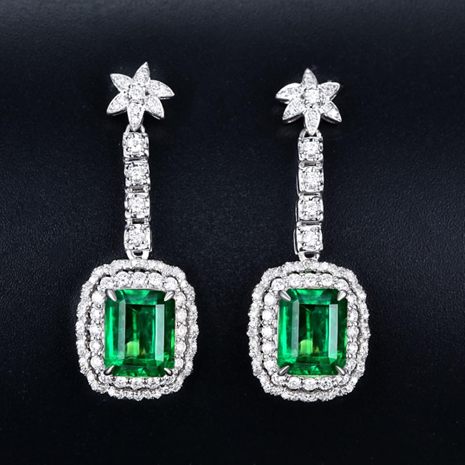 Pendientes de oro de 18 quilates / plata de ley 925, flores para mujer con laboratorio, esmeralda de corte rectangular de 2 quilates, pendientes de mujer con moissanite Au750 de oro pendientes