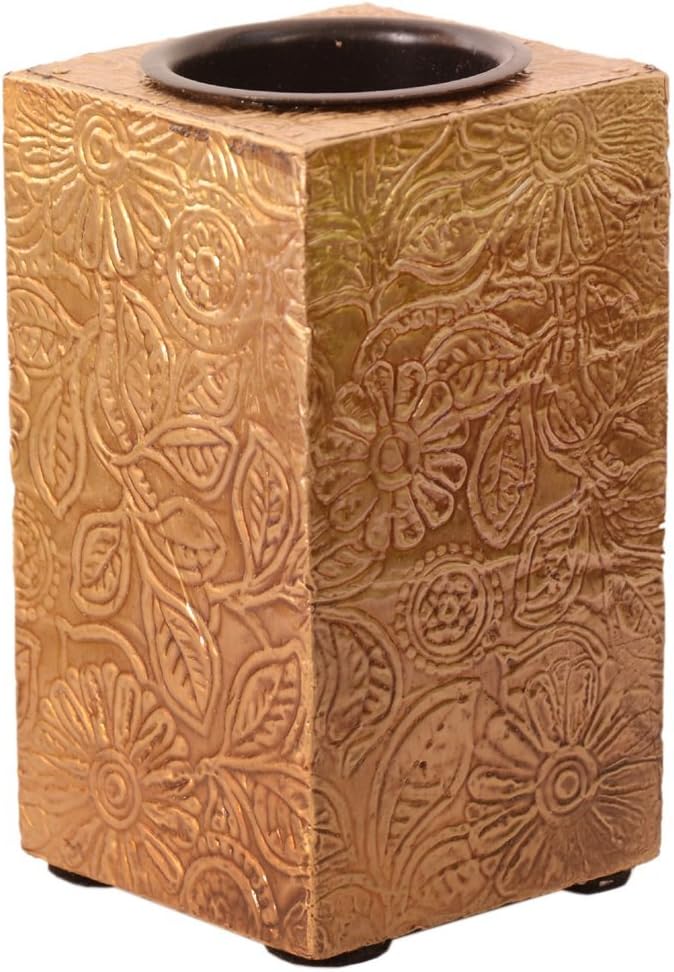 Purpledip Wooden T Light Candle Holders with Brass Sheet Cover (Set of 2) Golden, Indian Souvenir, Gift (10997)