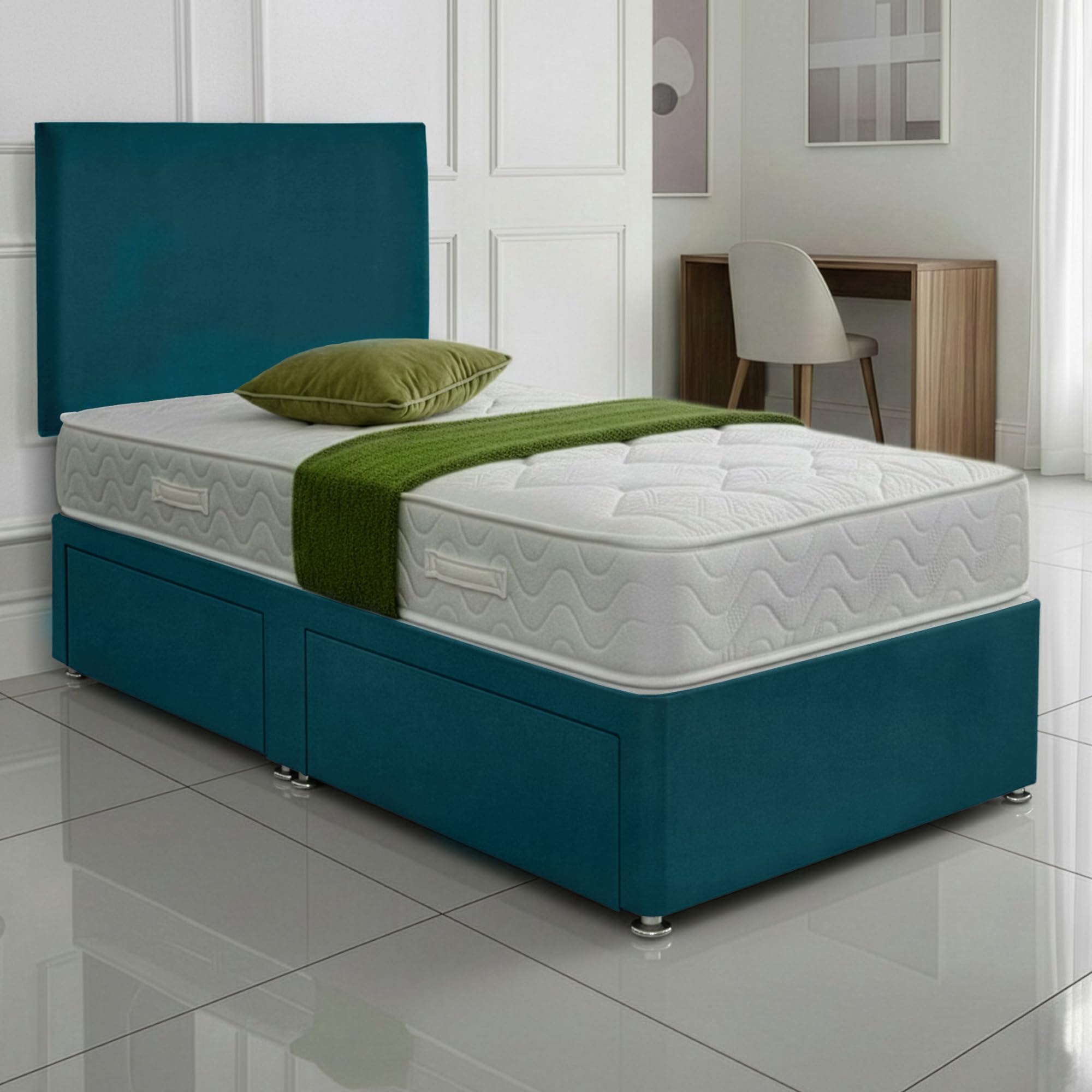 SANA SLEEP Sleek 2FT6 small single Bed with Pocket Sprung Mattress & 2 Drawers | Compact Bedroom Set | Sturdy Frame for Comfort | Chic Divan Design | Modern Spaces Furniture (Jade Plush)