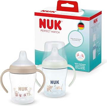 NUK Perfect Match Learner Bottle | 6+ Months | 150ml | Leak Proof Sippy Cup Toddler Bottle | Anti-Slip Handles | Glow in The Dark | Koala | 2 Count
