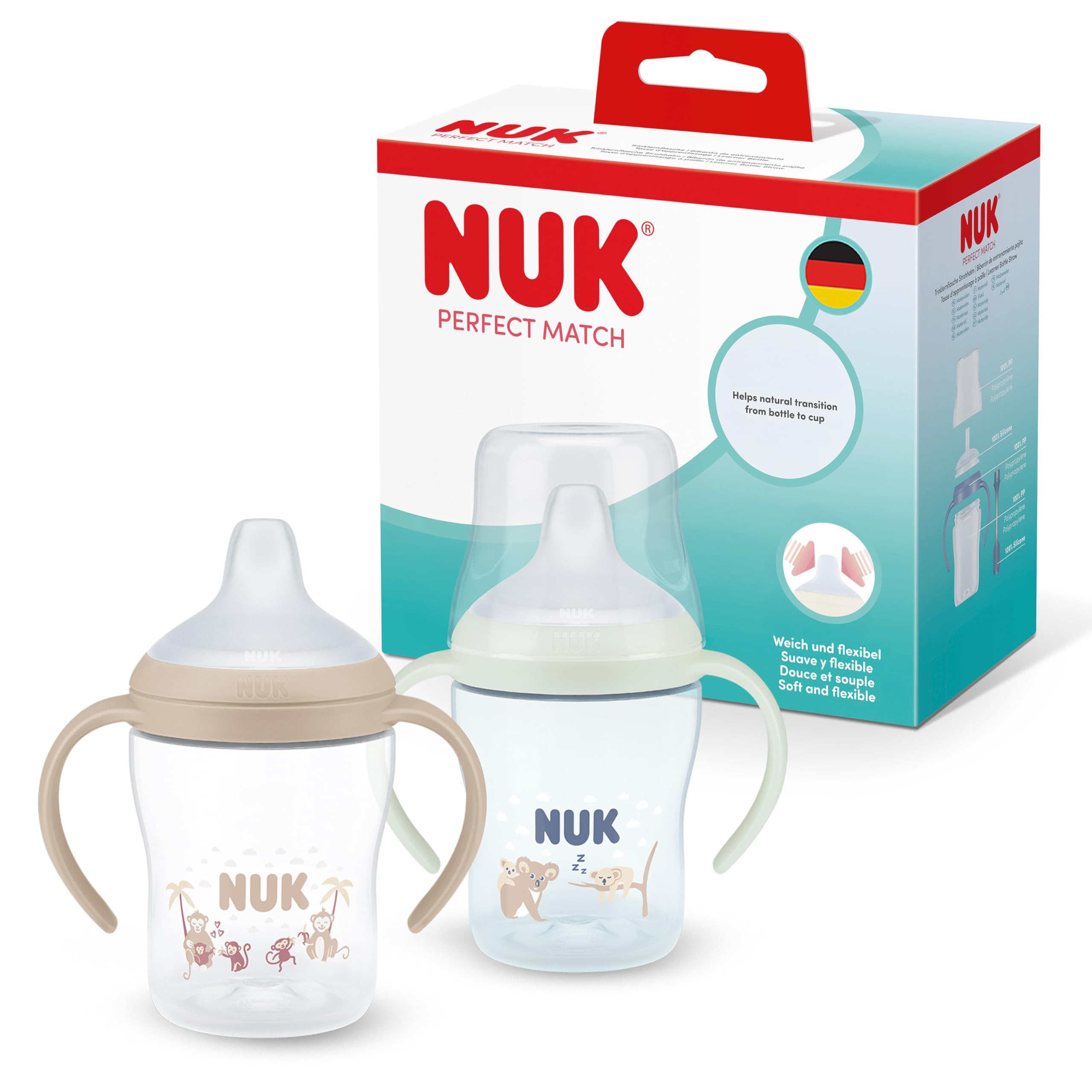 NUK Perfect Match Night Trinklernflasche | 6+ Monate | 150 ml | Auslaufsicherer Trinklernbecher für Kleinkinder | Rutschfeste Griffe | Leuchtet im Dunkeln | Blau | 2 Stück