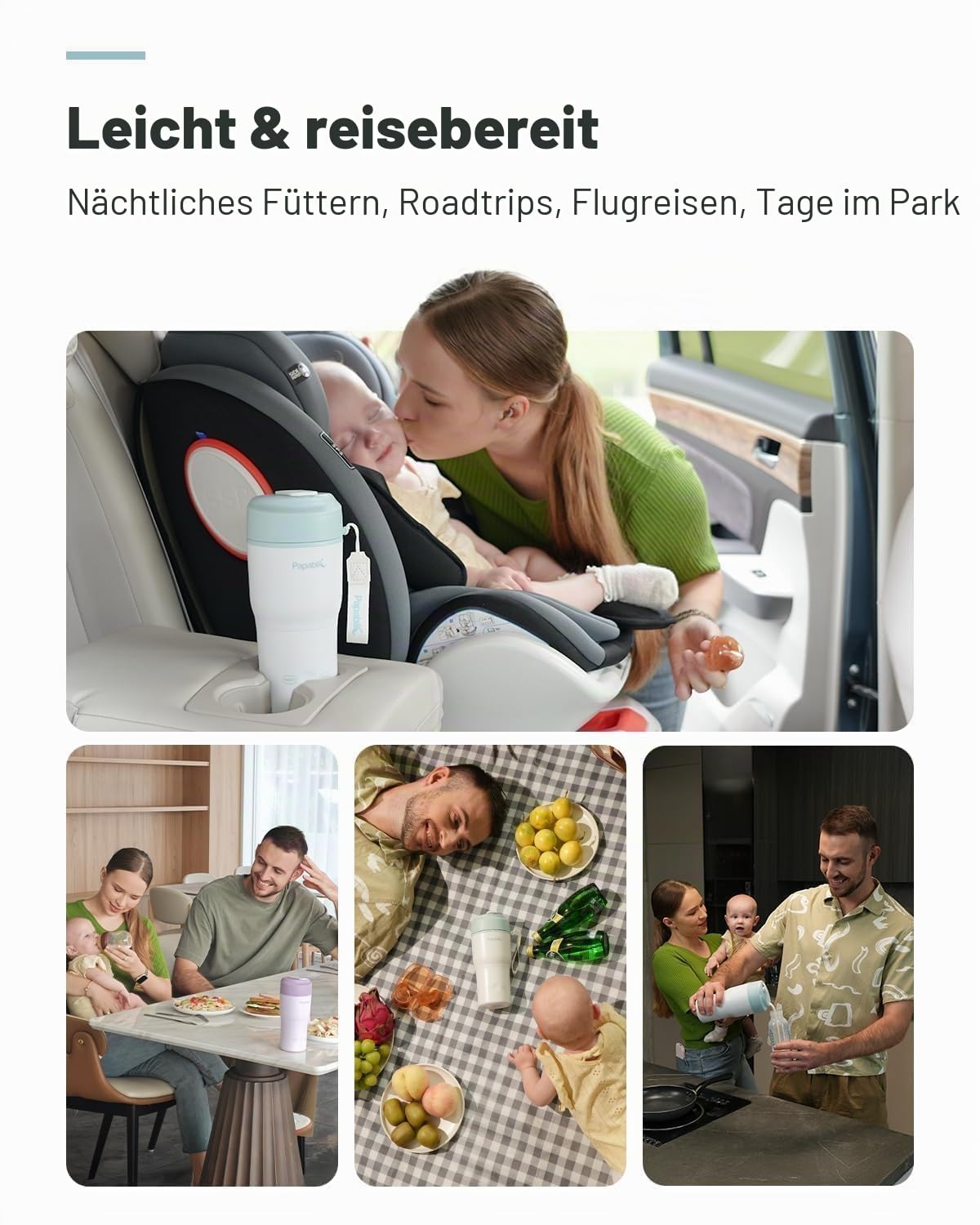 Papablic Tragbarer Flaschenwärmer für zu Hause und auf Reisen – 85 W schnelles Aufheizen, 4 Temperatureinstellungen, 6 Feeds pro Ladung, 7,6 cm breite Öffnung, passend für Auto-Becherhalter