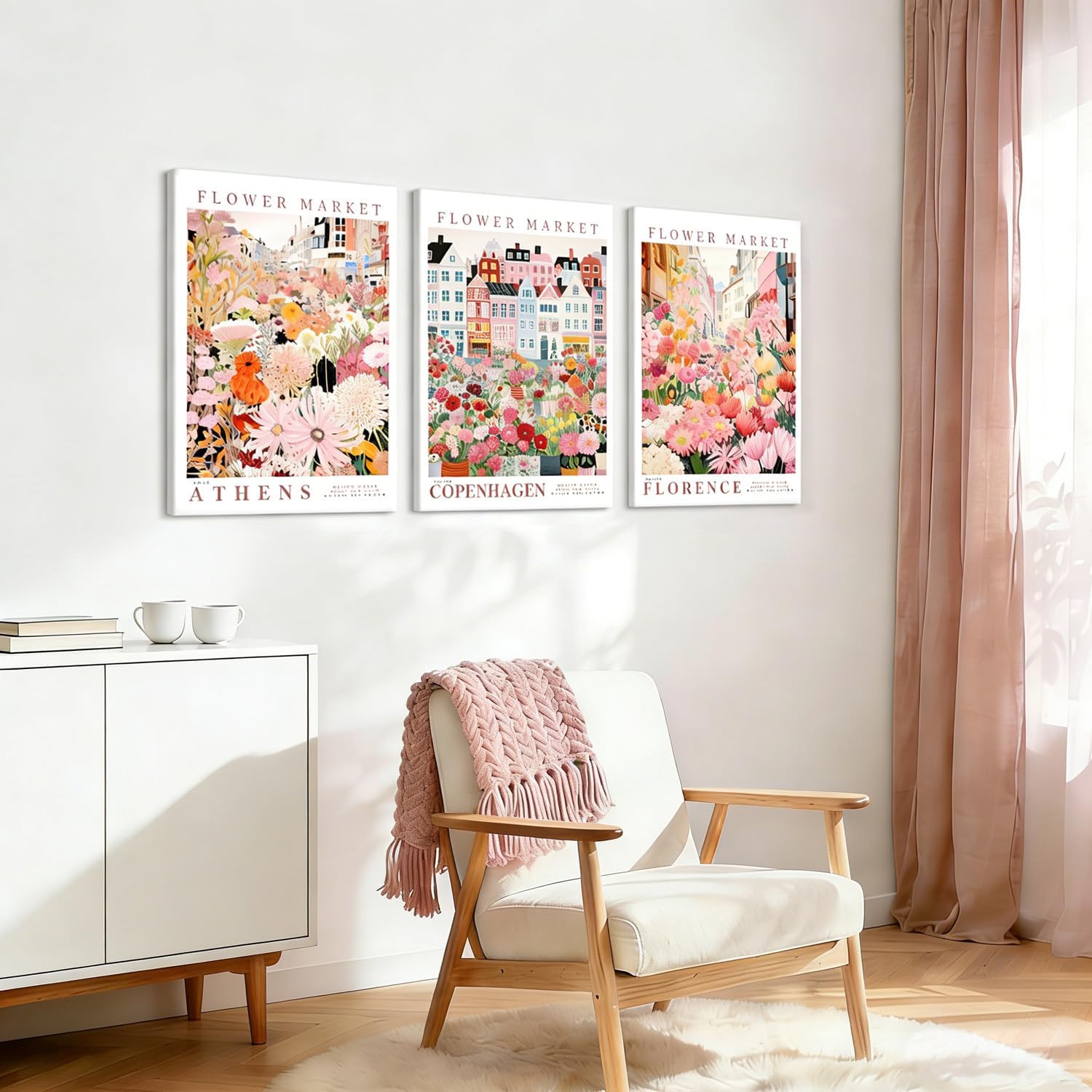 EEYNAQQ Flower Market Wall Art, 3-Piece City Floral Canvas Painting, Athens Copenhagen Florence City Picture Prints Wall Decor for Living Room Bedroom, 12x16 Inches Ready to Hang