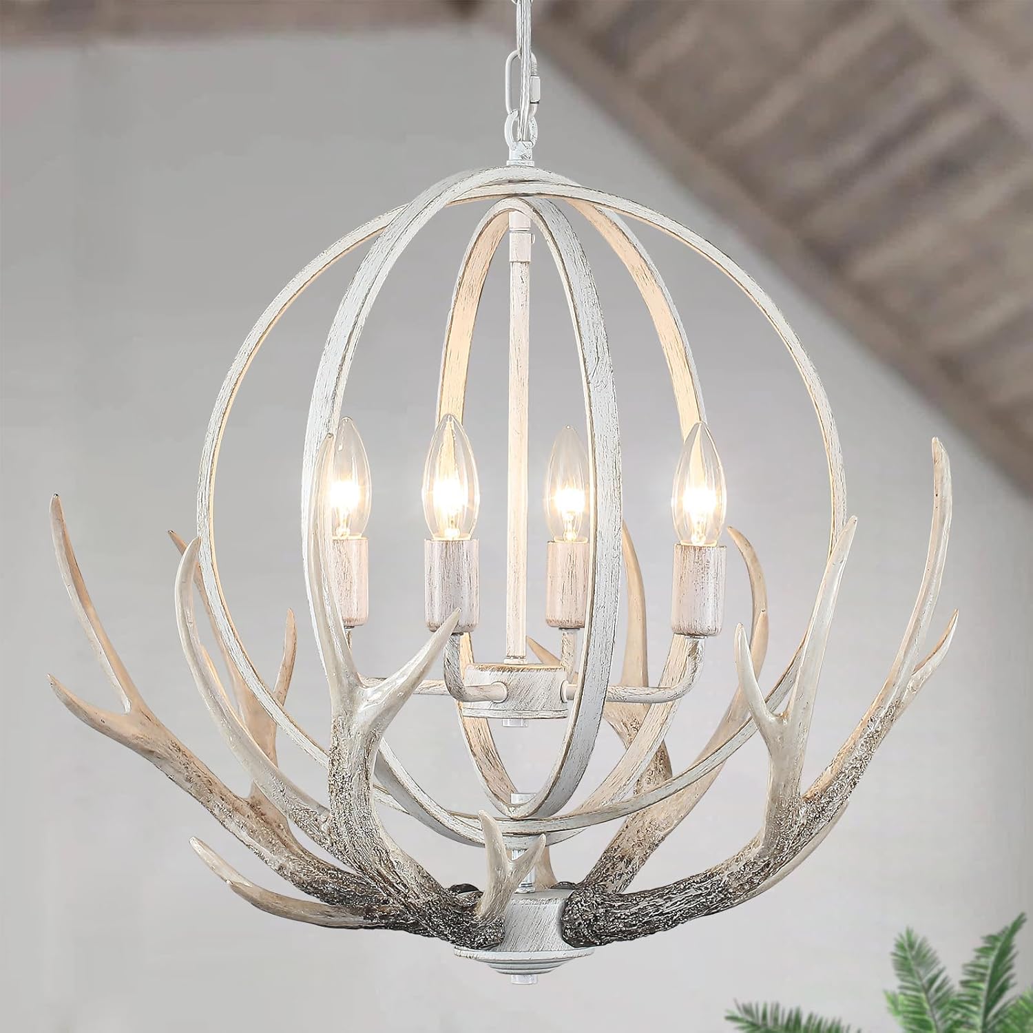 White Antler Chandelier 4-Light Rustic Farmhouse Chandeliers for Dining Room with Resin Deer Globe Chandeliers Vintage Rustic Pendant Lights Kitchen Island Lighting for Foyer Entryway Hallway