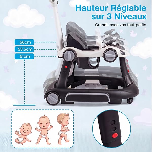COSTWAY Trotteur Bébé Garçon Fille Pliable 7 en 1 avec Mode Bascule et Sautillant, Trotteur Marche Bébé Garçon Évolutif avec Hauteur Réglable, Musique et Lumière,Charge 12kg, 7-18 Mois (Noir) - 3