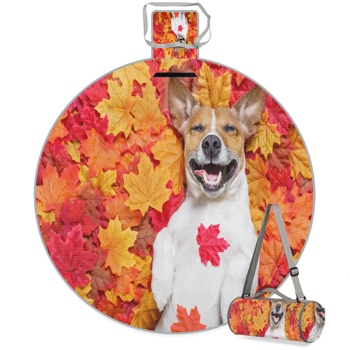 Shimoshe Autumn Leaves Dog Picnic Outdoor Blanket Foldable Waterproof Sandproof Beach Blanket Portable Water-Resistant Round Picnic Mat for Travel Camping Park Lawn