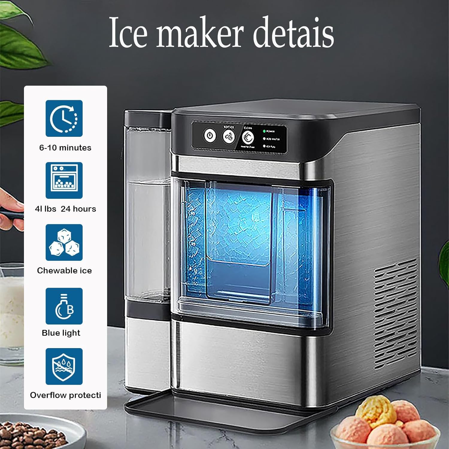 Large Capacity Ice Makers Countertop One-Click Operation Self-Cleaning Portable Ice Maker 41lbs/24H with There is A Detachable 3L Water Tank for Home,Office,Bar