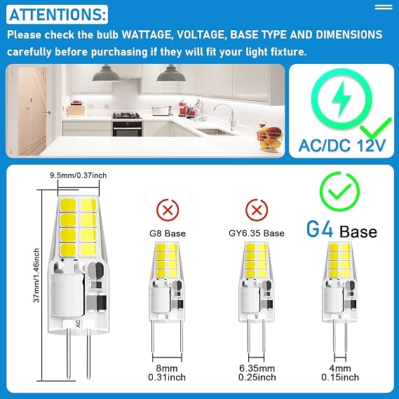 G4 LED Bulb 3W Equivalent to 20W-25W T3 JC Type Bi-Pin G4 Base Halogen Bulb, AC/DC 12V Daylight White 6000K G4 Bulb for Puck Light, RV, Under Counter Kitchen Lighting, Under Cabinet Light (10 Pack)