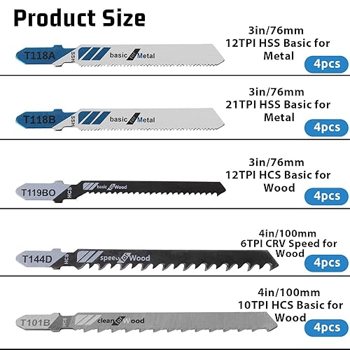 Miniatura 2 de Juego de 20 hojas de sierra caladora, varios kits de cuchillas de sierra en T, herramienta de repuesto multiusos para cortar plástico madera metal,
