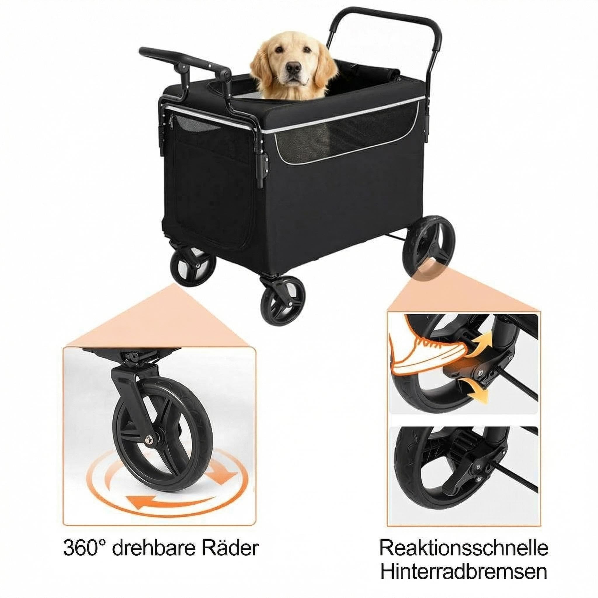 Remolque para perros plegable, carrito para perros de hasta 70 kg, freno de un paso, carro de empuje para mascotas con rampa, adecuado para camping y paseos al aire libre