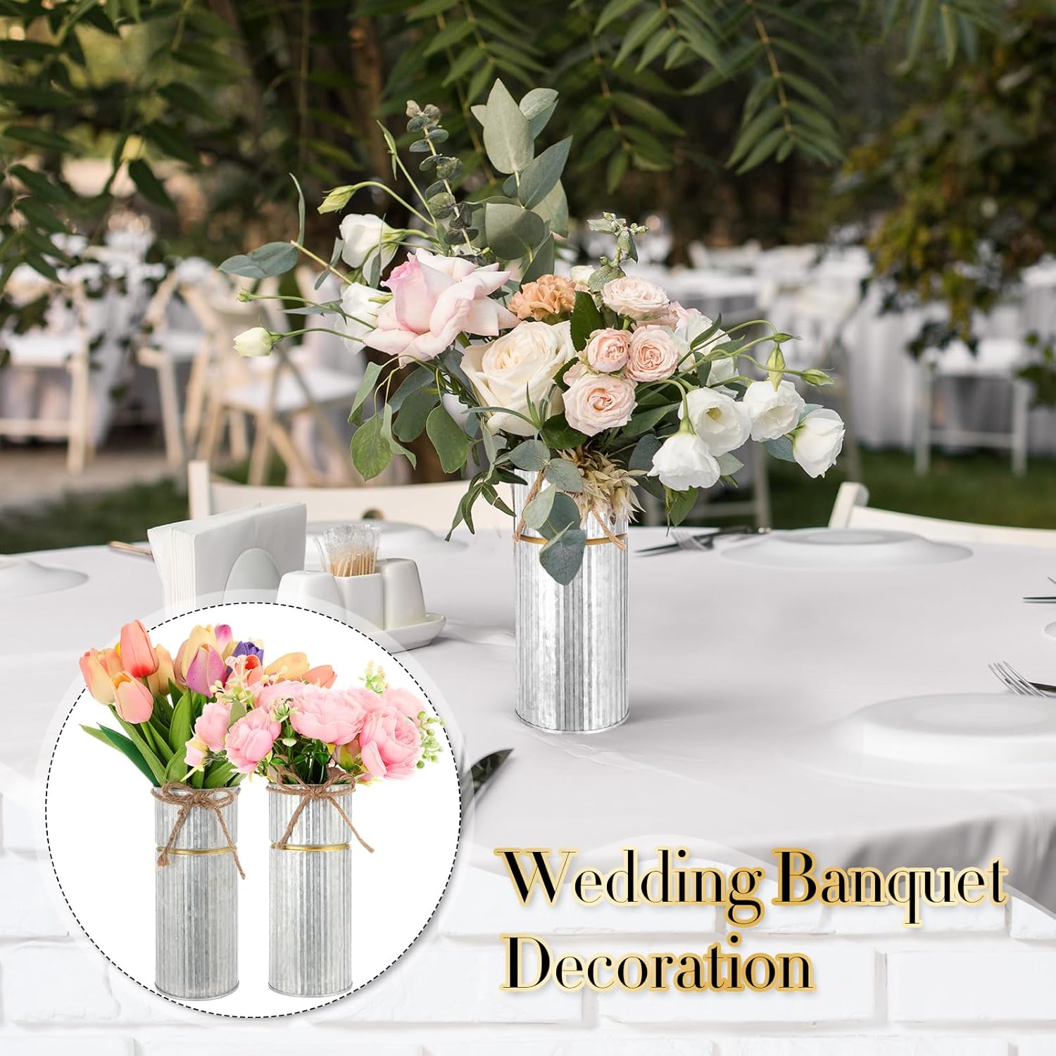 Mimorou 8 Pcs 7.48 Inch Wedding Vases for Centerpieces Mason Jars with Twine Bow Galvanized Metal Flower Vase Rustic Vintage Farmhouse Tin Bucket for Wedding Home Table (Silver)