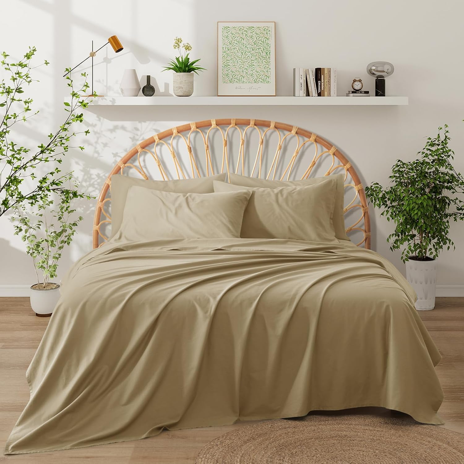 Entisn Pure Cotton Sheets King Size Bed Set 4 Pieces, 400 Thread Count Cotton Sheet Set with All Around Elastic for Snug Fit, All Seasons Breathable & Soft Bedding, 16 Inch Deep Pocket, Beige