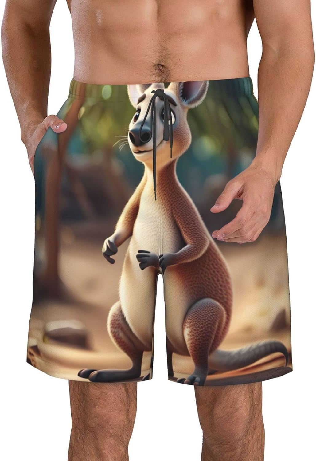 Mens Funny Cartoon Kangaroo Zoo Print Beach Shorts,Casual Summer Shorts for Men,Quick Dry Polyester