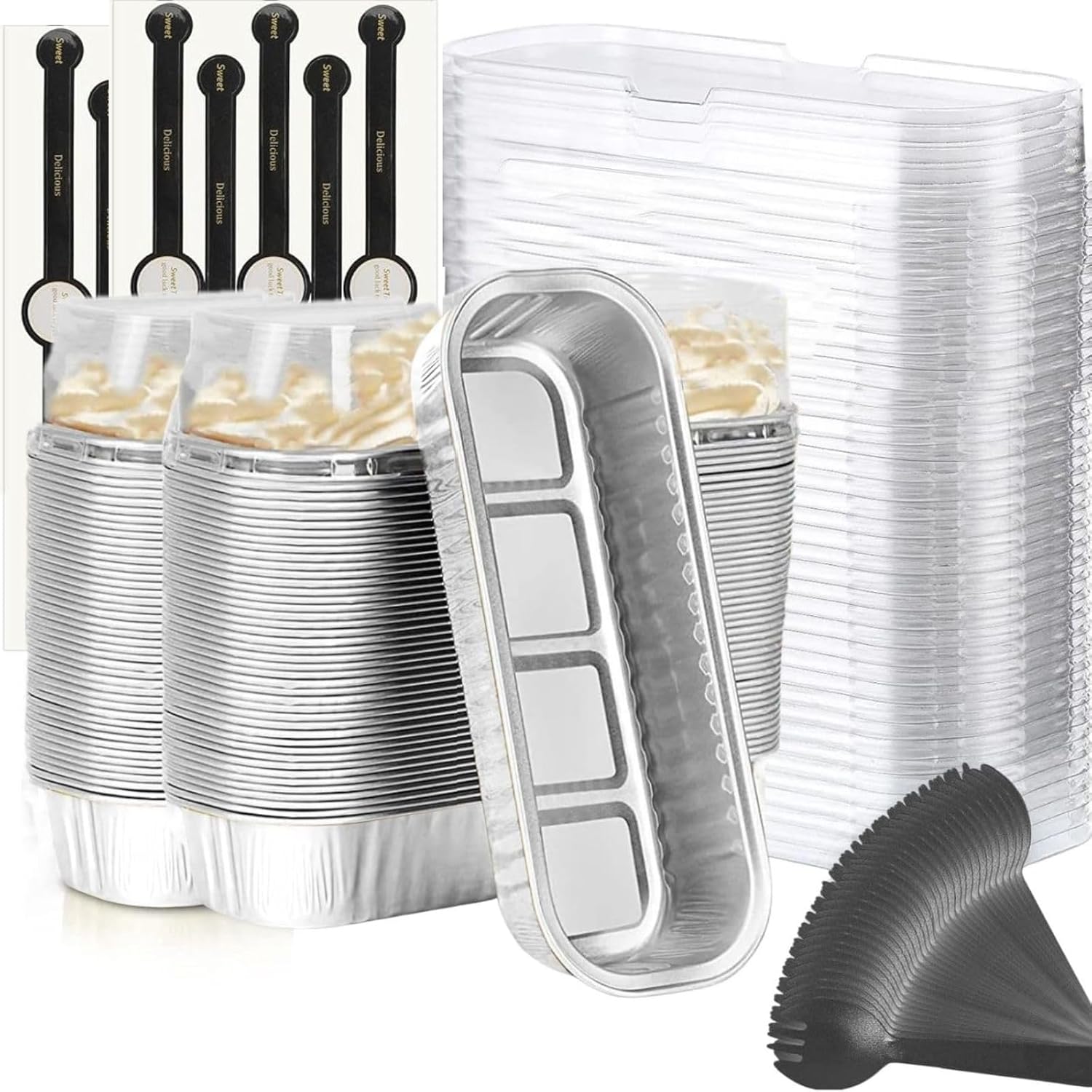 Findful Mini Loaf Baking Pans with Lids And Spoons (100 Pack, 6.8oz) Rectangle Aluminum Foil Baking Pans Tins Containers - Cupcake Containers Wrappers Cheesecake Creme Brulee Ramekins