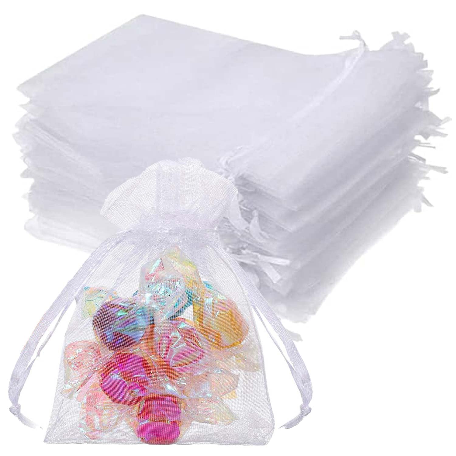 YUBBYSTU Torby z organzy białe, 50 szt. 13 x 18 cm siatkowe torby na prezenty ślubne ze sznurkiem do przezroczystych woreczków siatkowych, idealne na ślub, Boże Narodzenie, urodziny, rocznicę