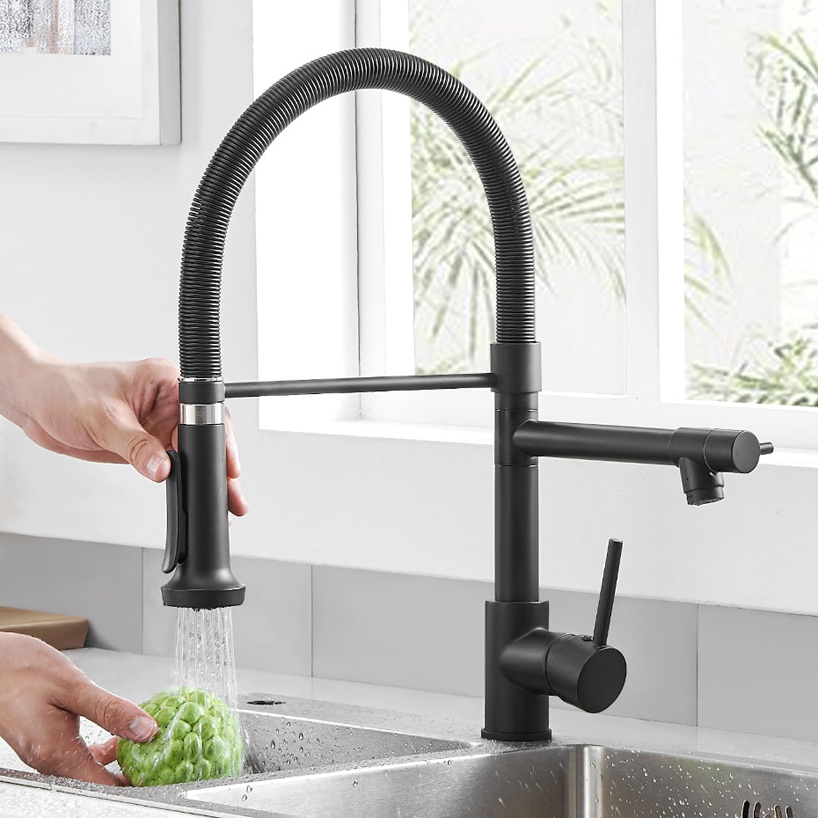 ZYCHSJXA Kitchen Spring Mixer Tap Rotate 2 Mode Flexible Spout Brass-Black