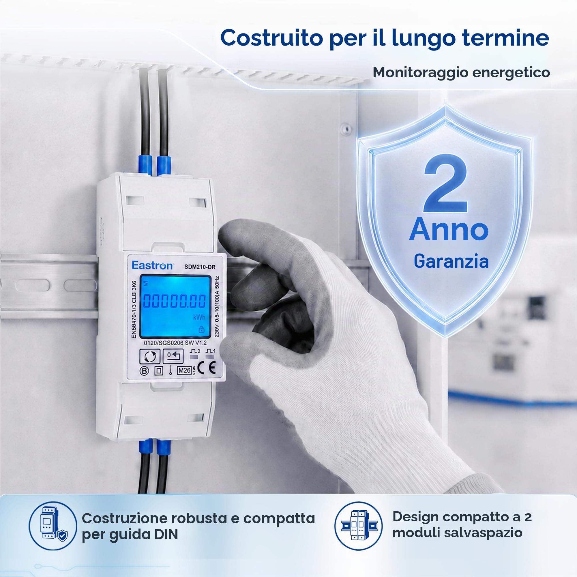 SDM230DR Pulse monofase, contatore di energia kWh, misuratore di potenza della guida DIN da 100 Amp kWh, misuratore di impulsi. Display LCD retroilluminato digitale. certificato MID