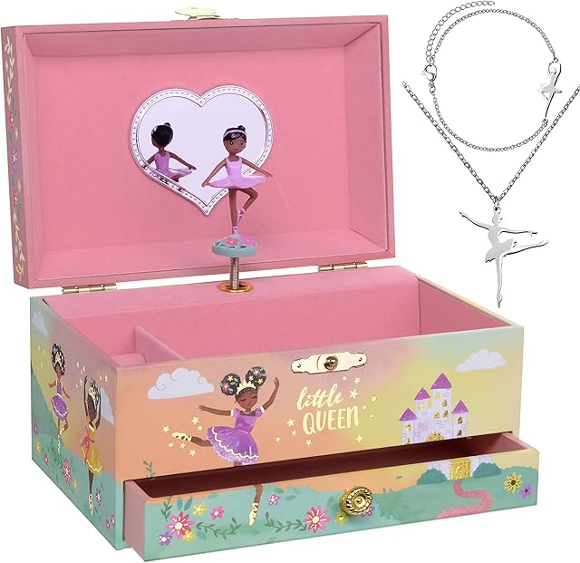 Jewelkeeper Ballerina Music Box & Little Girls Jewellery Set - 3 Ballerina gifts for Girls - Little Queen Design