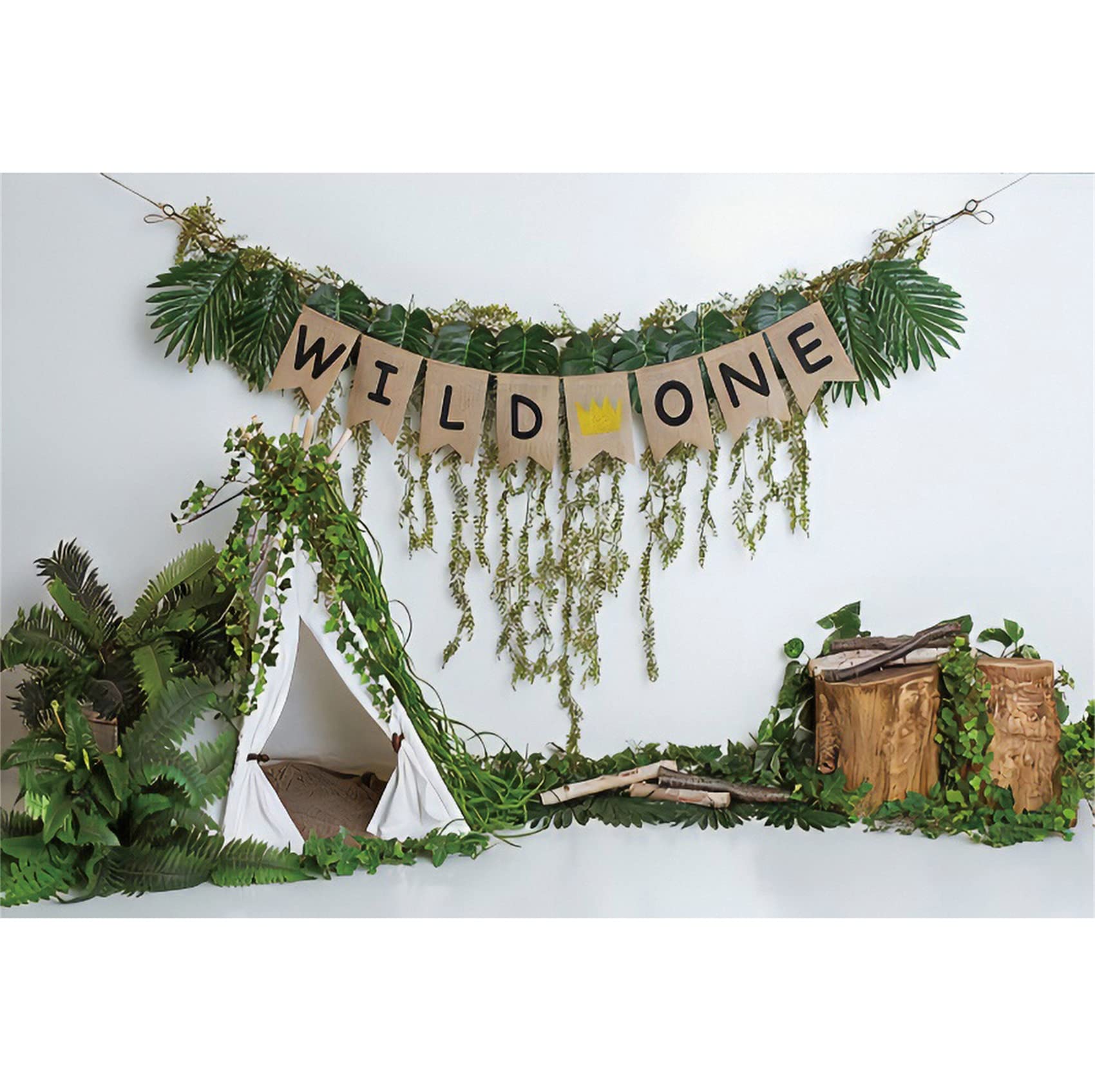 OFILA 5x3ft Wild One Birthday Party Backdrop for Boys Royal Prince Crown Woodland Safari Jungle Tent Greenery Tropical Plant Forest Theme Kids Bday Party Banner Supplies Photo Booth Props