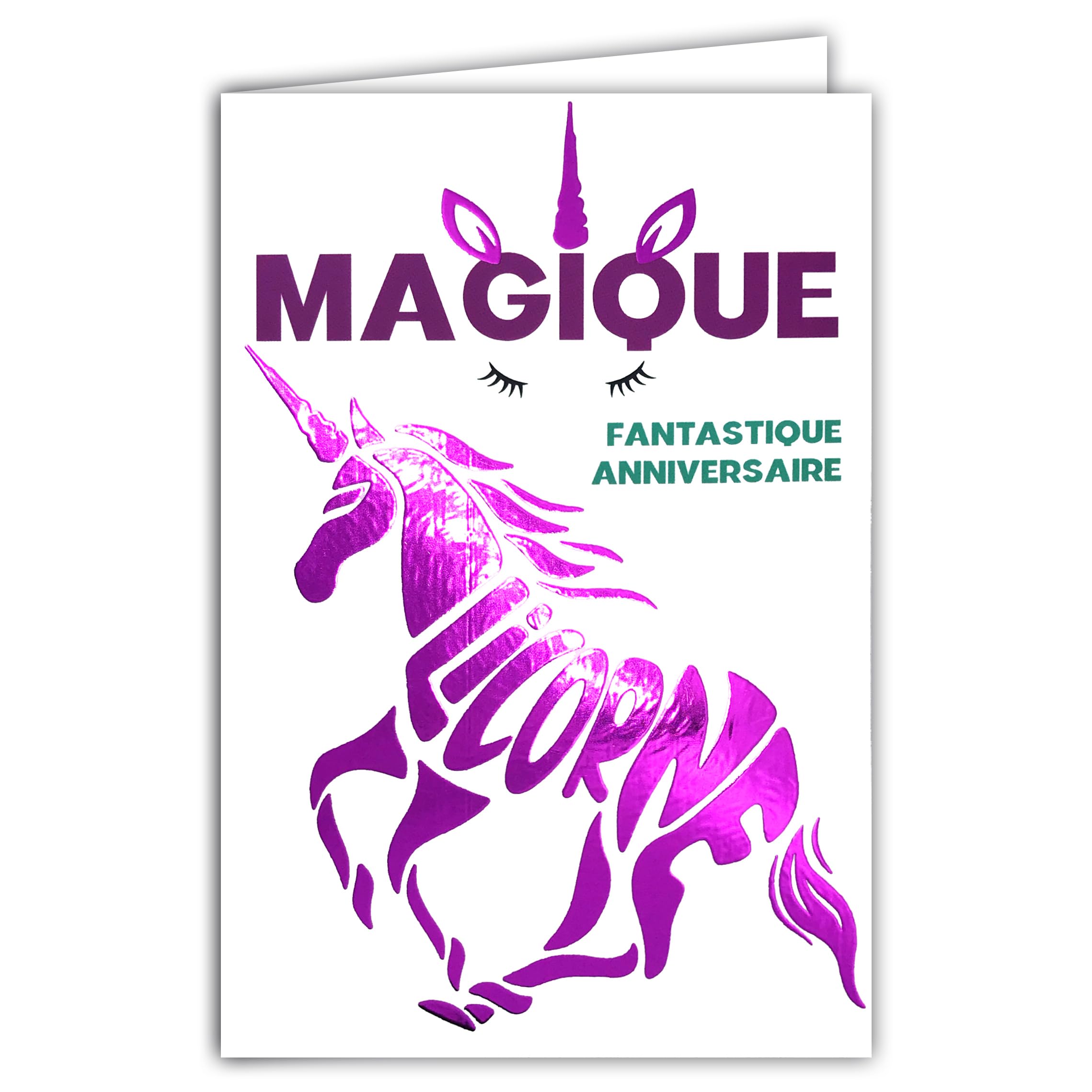 69-9003 Magical Birthday Card + Envelope 12 x 17.5 cm Unicorn Word Fuchsia Pink Shiny Silhouette Shape Fantastic Creature for Girls Children Teens – Creation Print Made in France