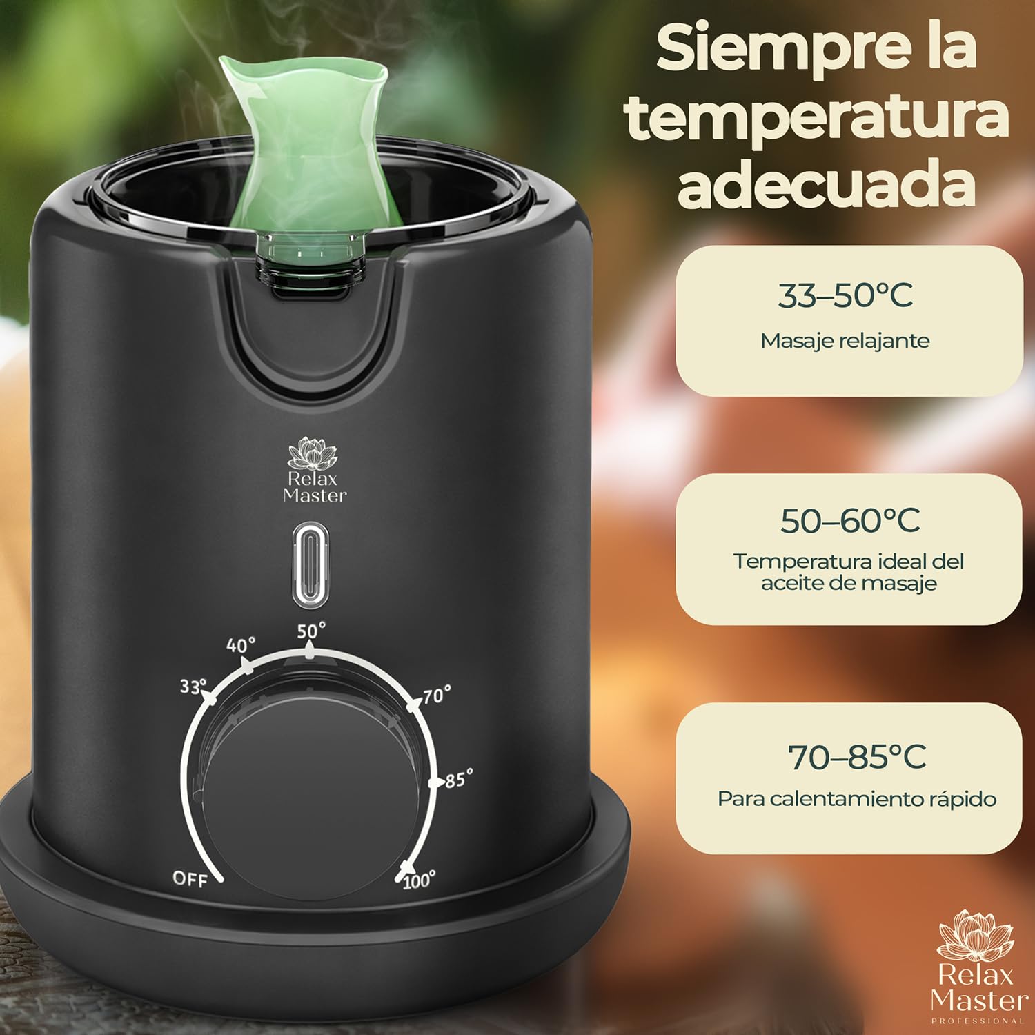 Relax Master Calentador de Aceite de Masaje – Jarra Vertedora de Cerámica – Temperatura Ajustable 33–100 °C – Calentamiento Rápido – Sistema Baño María.