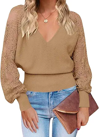 MEROKEETY Women's V Neck Lace Long Sleeve Ribbed Knit Sweater Solid Color Pullover Tops