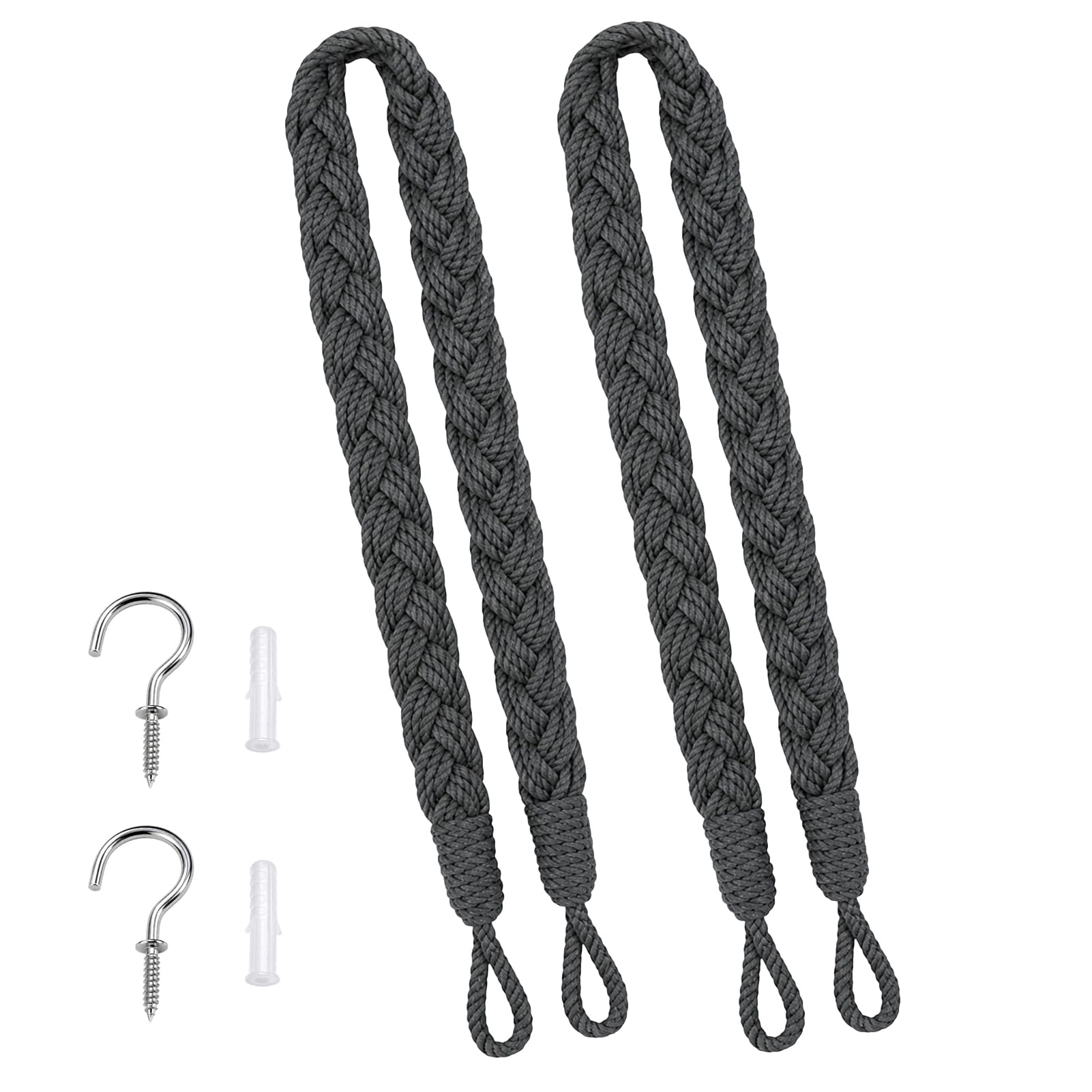 Curtain Tie Backs, 2 Pieces Tie Backs for Curtains, 60cm Grey Handmade Rope Design, with Screw Anchors, for Indoor Bedroom Living Room Kitchen Dining Use