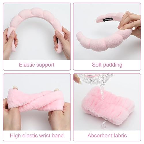 Miniatura 6 de CHENYIYI Diademas de spa para lavar la cara, diademas de spa con pulseras para mujer, diadema de esponja para maquillaje y cuidado de la piel,
