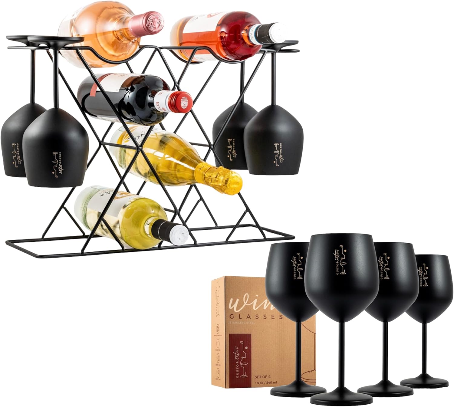 Gusto Nostro Stainless Steel Wine Glasses (Set of 4) - Iron Wine & Glasses Holder_Black Set