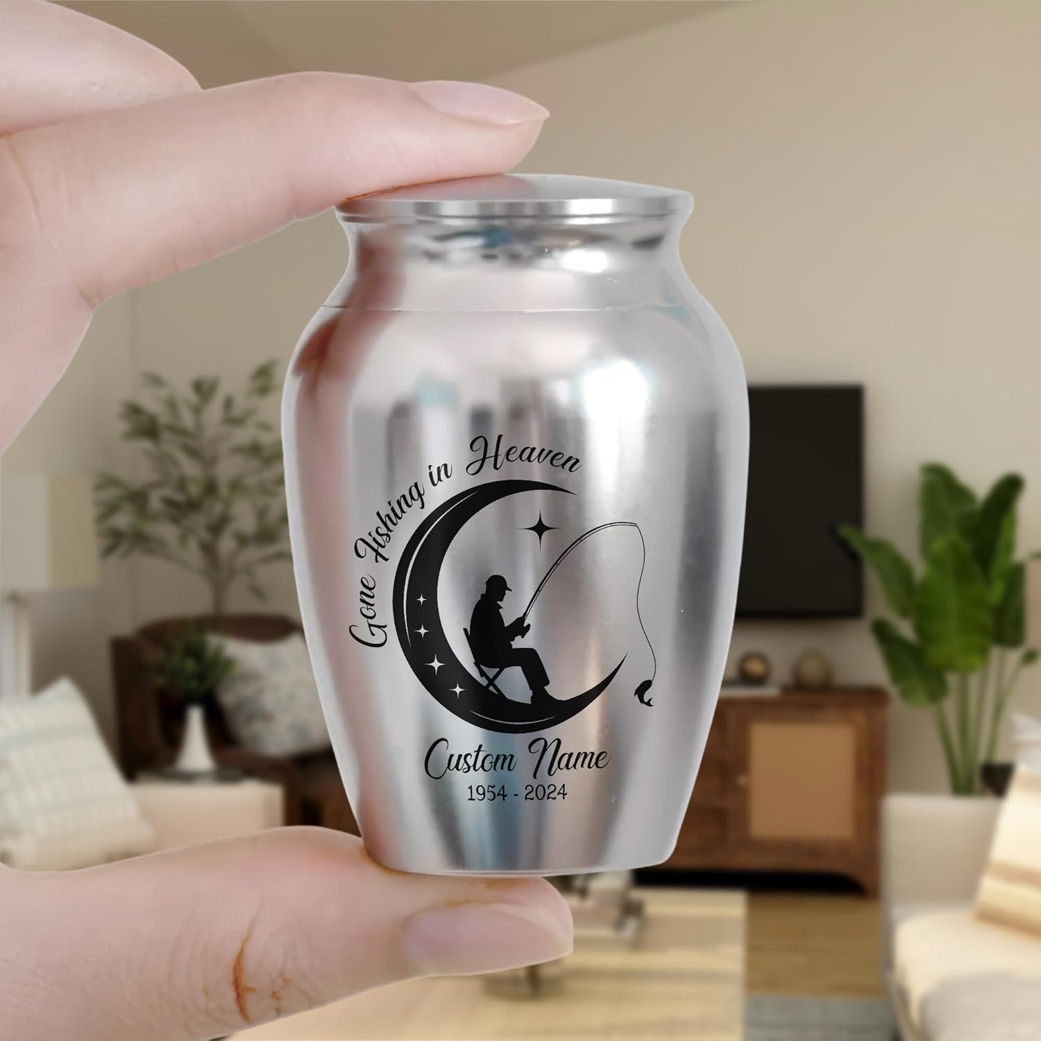 ARTSY WOODSY Personalized Bass Fishing Cremation Mini Urns for Human Ashes Memorial Gifts Stainless Steel Decorative Keepsake 2.56 inch, Car Accessories Loving Memory (02, 2.56x1.77, Fishing)