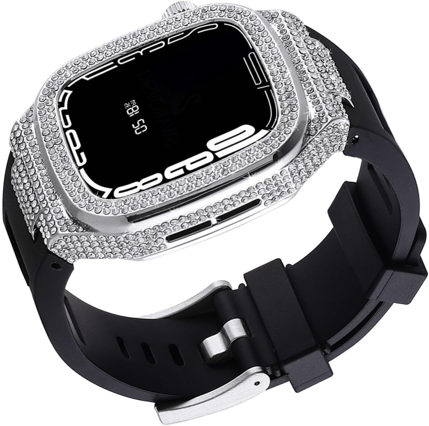 JDIME Kit de bracelet de montre en métal diamant pour Apple Watch Ultra 8 7 6 5 4 SE Series 44 mm 45 mm, accessoires de rechange avec outil