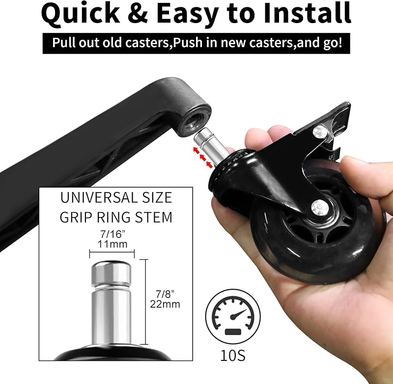 YAOBLUESEA Irodai Szék Görgők 5db - 11x22mm Univerzális Csendes Padlóvédő Kerekek 75mm - Parketta, Laminált Padló Kompatibilis Forgószék Alk