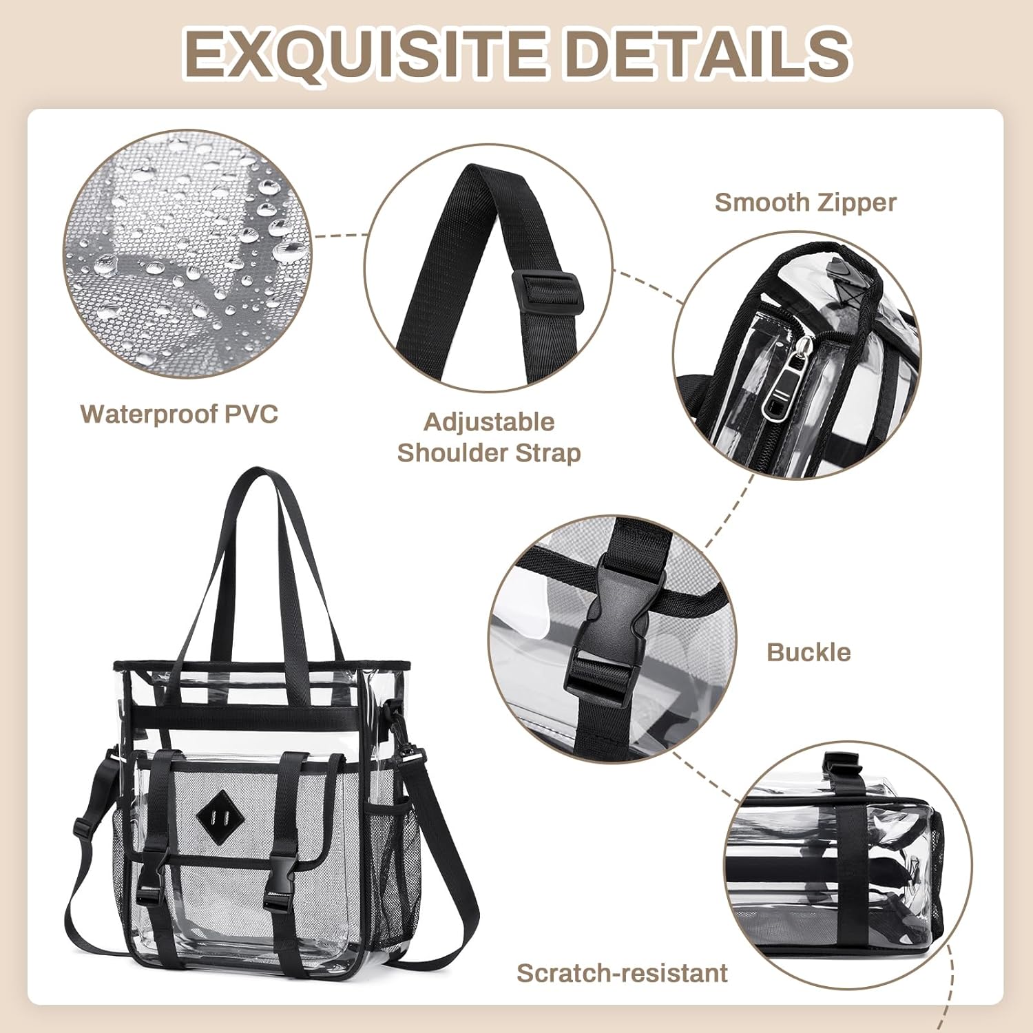 MUSEVOS Clear Tote Bag Stadium Approved 12x6x12, Thickened Heavy Duty PVC Transparent Tote Bag Water Resistant - Image 6