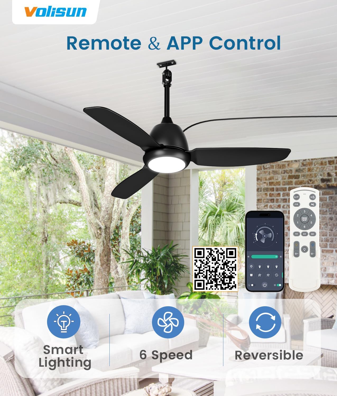VOLISUN Outdoor Ceiling Fans with Light for Patios, 42in Weatherproof Plug in Ceiling Fan, 3CCT Dimmable Gazebo Ceiling Fan Remote&APP Control, Black Caged Ceiling Fan for Porch, Pergola,Canopy